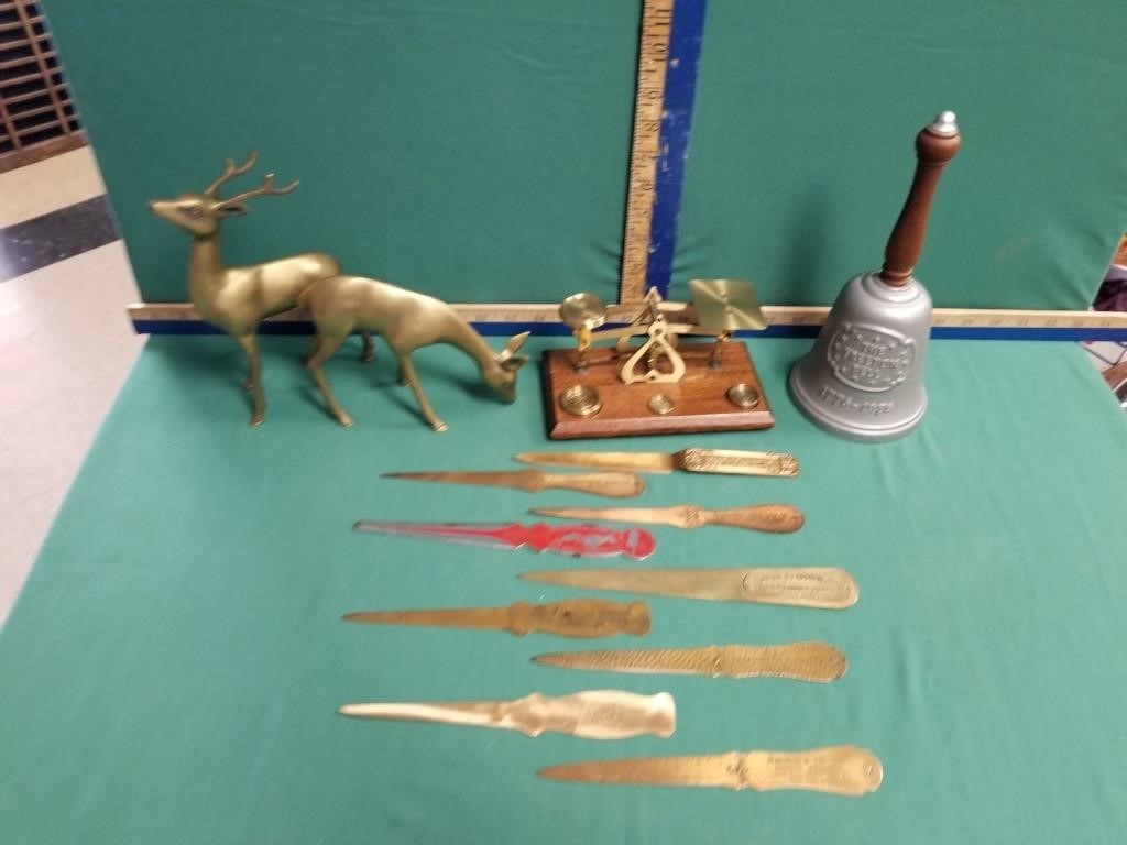 ENGLISH SCALE W/ WEIGHTS, DEER FIGURINES, AND ADV