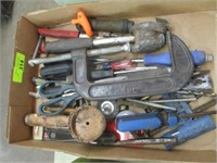 Flat w/large C-clamp, lead hammer, screwdrivers,