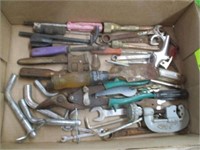 Flat w/pipe wrench, tin snips, chisel, wrenches,