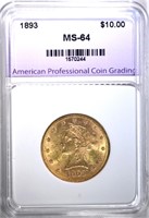 1893 $10.00 GOLD LIBERTY, APCG CH/GEM BU
