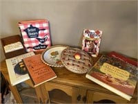 Ceramic Pie Dish and Various Cookbooks and Hand