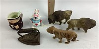 Old celluloid Buffalo & tiger toys, mini sad