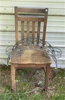 Vtg Oak Chair & Metal Plant Stand