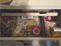 Drawer Full of Wrapping Supplies + 2 Glass Vases