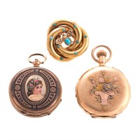 Two Lady's Pendant Watches and a Vintage Pin