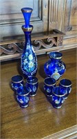 Cobalt Blue Decanter, Six Glasses, and Vase