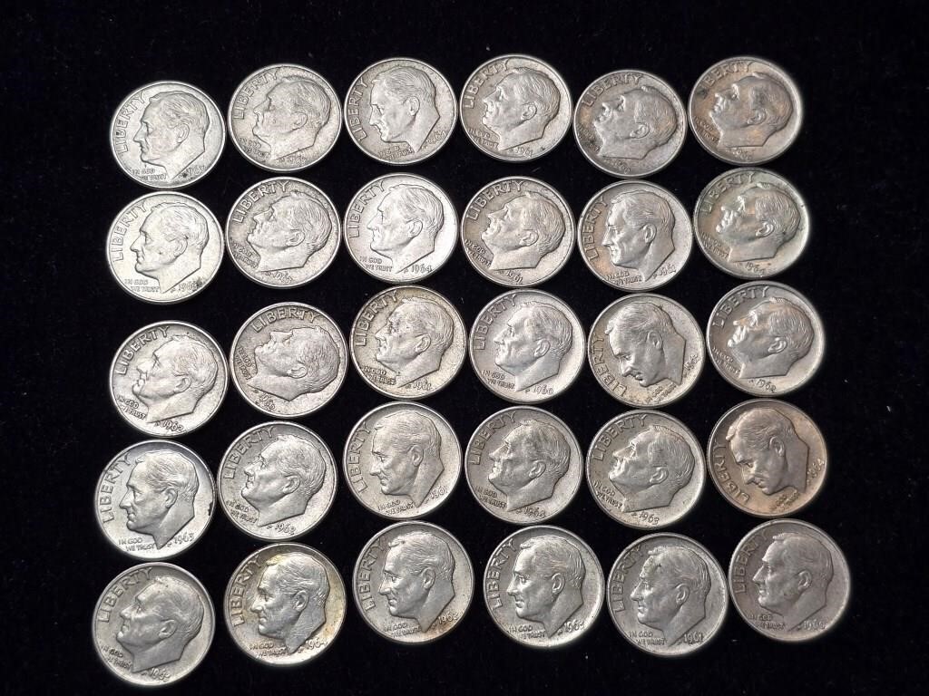 Various Dates Roosevelt Silver Dimes (30)1960-1964