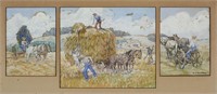 Henry James Soulen Pastel Triptych Farming Scenes