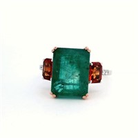 14ct gold emerald, orange sapphire & diamond ring