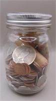 Jar Of Various Coins & Bills