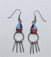Native American Silver Inlay Fringe Earrings