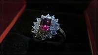 SZ 6 .925 STERLING RING WH SAPPHIRES, LAB RUBY