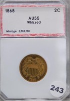 1868 2 Cent PCI AU 55 Nice Coin, Whizzed.