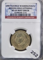 2007 George Washington $1 Mint Error Missing Edge