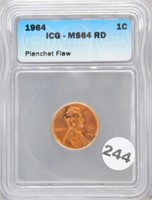 1964 1 Cent IGC MS 64 Red Error Planchet Flaw
