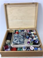 Wood box with lid & sewing contents