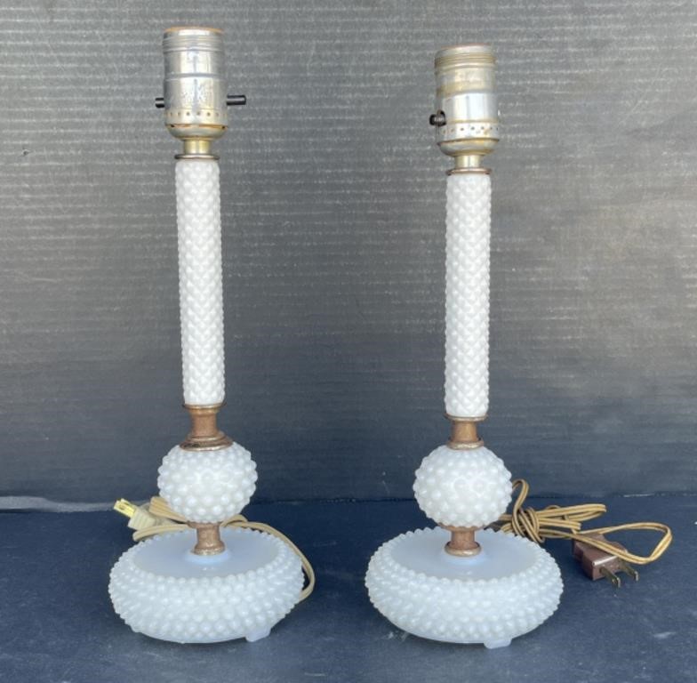 (Q) Antique Hobnail White Glass Table Lamps.