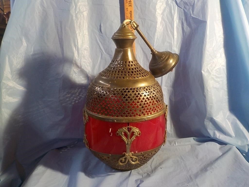 Vintage brass/red hanging foyer light 1 pc red