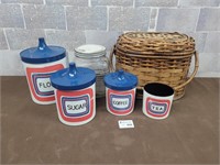 Vntage canister set, glass jar, picnic basket