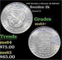 1961 Sweden 2 Kronor 2k KM-827 Grades Select+ Unc
