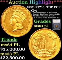 1857 S Gold Dollar TY-3; TOP POP! $1 Graded ms64 p