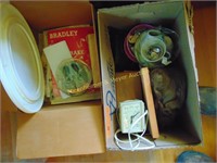 2 BOXES OF PAPER CLIPPINGS, BABY SHOES AND DOLL