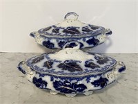 Two Johnson Brothers Flow Blue Covered Casseroles
