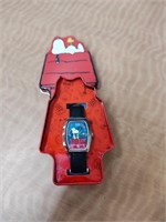 Snoopy Black Leather Band Watch with Collector Tin