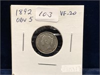 1892 Can Silver Five Cent Piece  VF20  OBV 5