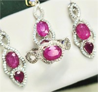 $600 Silver Ruby Ring Earring And Pendant(9ct) Set