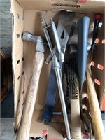 Box lot including crowbar tool, hammers, air  nozz