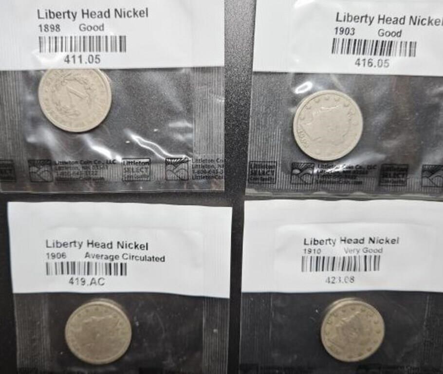 4 Liberty Head nickels: 1898, 1903, 1906, 1910
