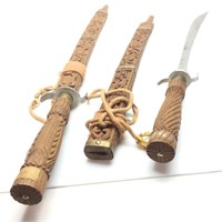 2 VINTAGE HAND CARVED SWORDS WITH SHEATH