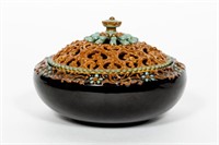 Weller Pottery, Turada Lidded Jar, Brown & Green