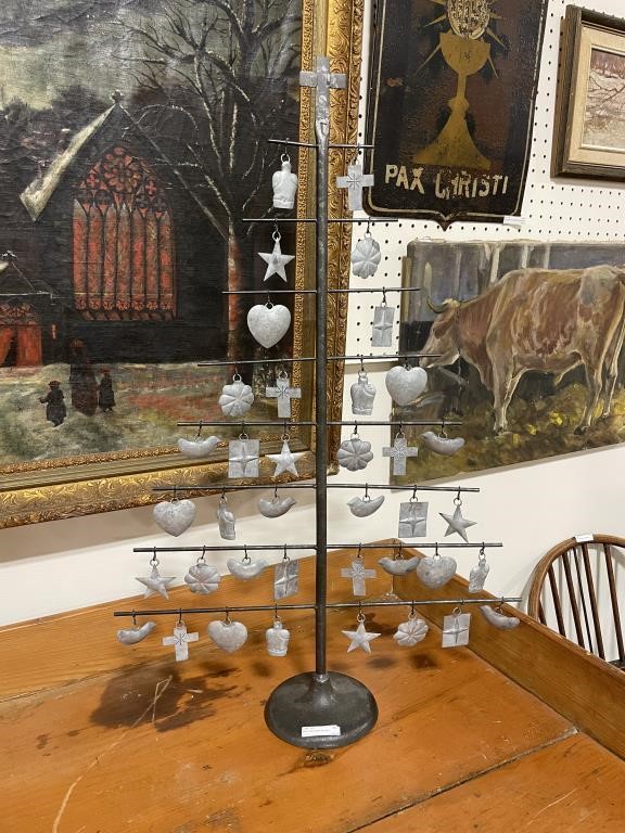 ANTIQUE IRON STAND W/METAL PENDANTS