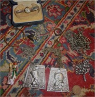 2 Egyptian Revival necklaces, Longines ladies