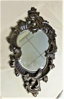 Rococo Flourish Carved Oak Beveled Mirror.