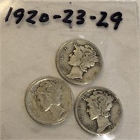 SILVER Mercury Dime LOT 1920-1923-1929