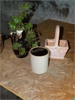 Crock, strawberry planter & clay basket planter