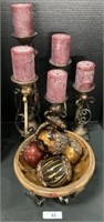 Ornate Candlesticks, Footed Bowl W/ Ball Decor.