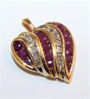 14k Gold Heart Pendant With Rubies & Clear Stones