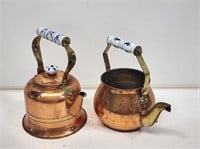 2 Copper Teapots with China Handles