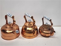 3 Copper Teapots with China Handles
