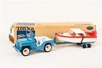 TONKA PRESSED STEEL JEEP WITH BOAT AND TRAILER