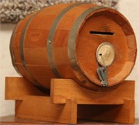 wooden barrel bank with lock & key