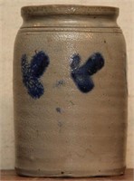 Blue decorated stoneware crock, approx 1 1/2 qts.