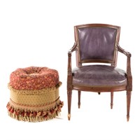 Upholstered tuffet & Louis XVI style armchair
