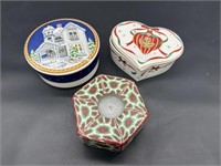 (3) Porcelain: 2- Trinket Boxes & 1- Candle