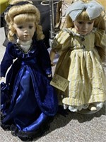 (2) 18-in porcelain dolls w/original tags, display