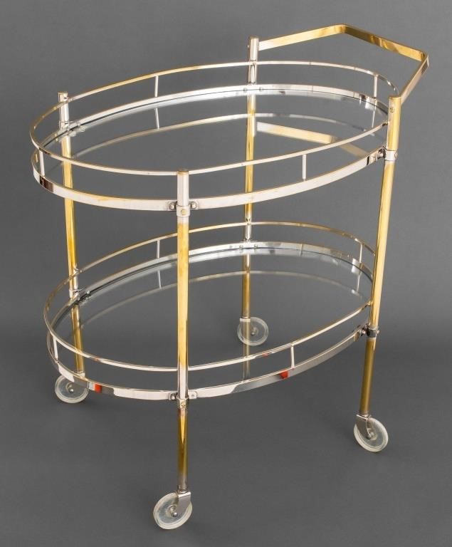 Art Deco Silver Plate Glass Top Oval Bar Cart